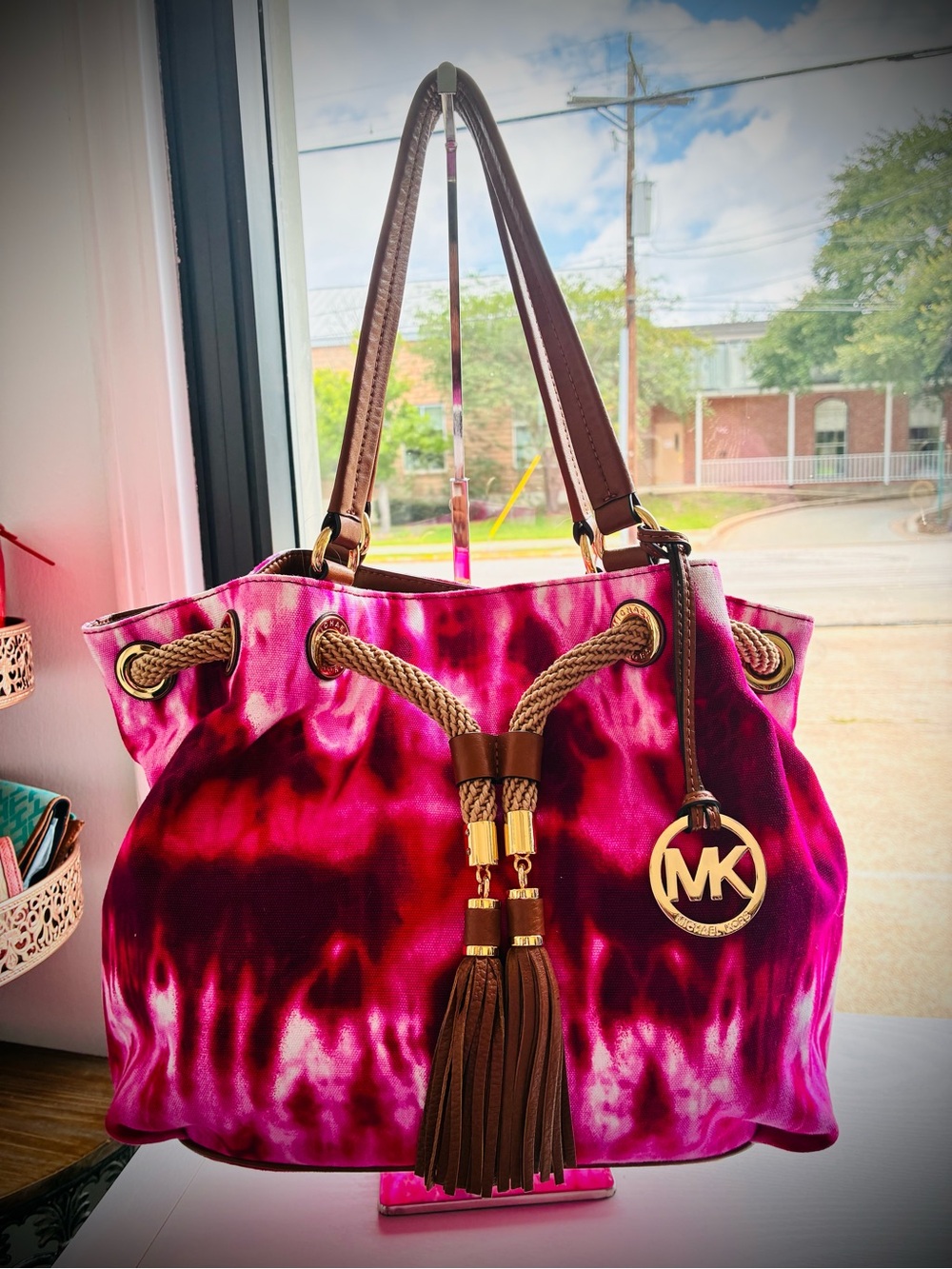 Michael Kors Fuchsia Pink Tie-Dye Drawstring Tote with Gold Accents